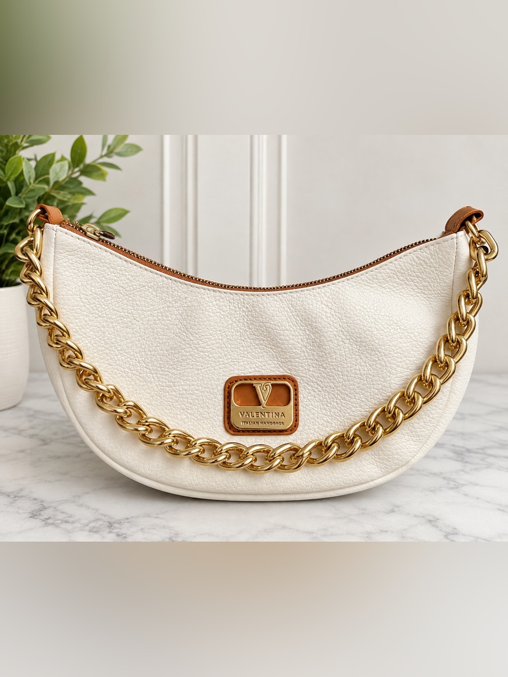 Valentina Cream-White Pebble Leather Shoulder Bag with Gold Chain